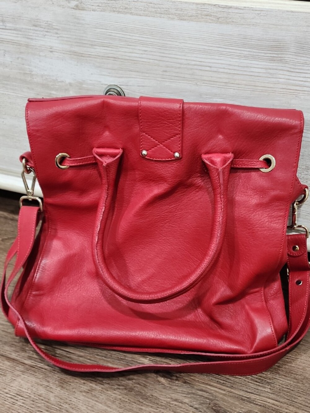 Jimmy Choo Red Pebbled Leather Satchel with Gold Hardware and Bow Accent - Picture 3 of 11